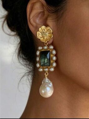 Gold Floral Pearl Drop Earrings with Black Stone